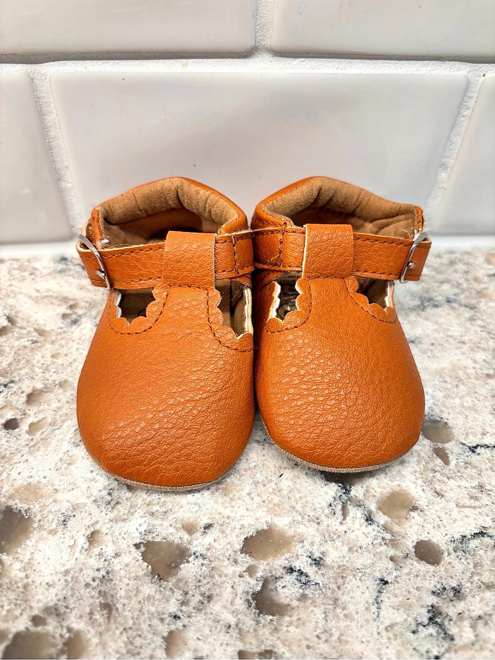 Baby Girl Faux Leather-Style Mary Janes Baby 3M Like New Camel Color Grip Bottom